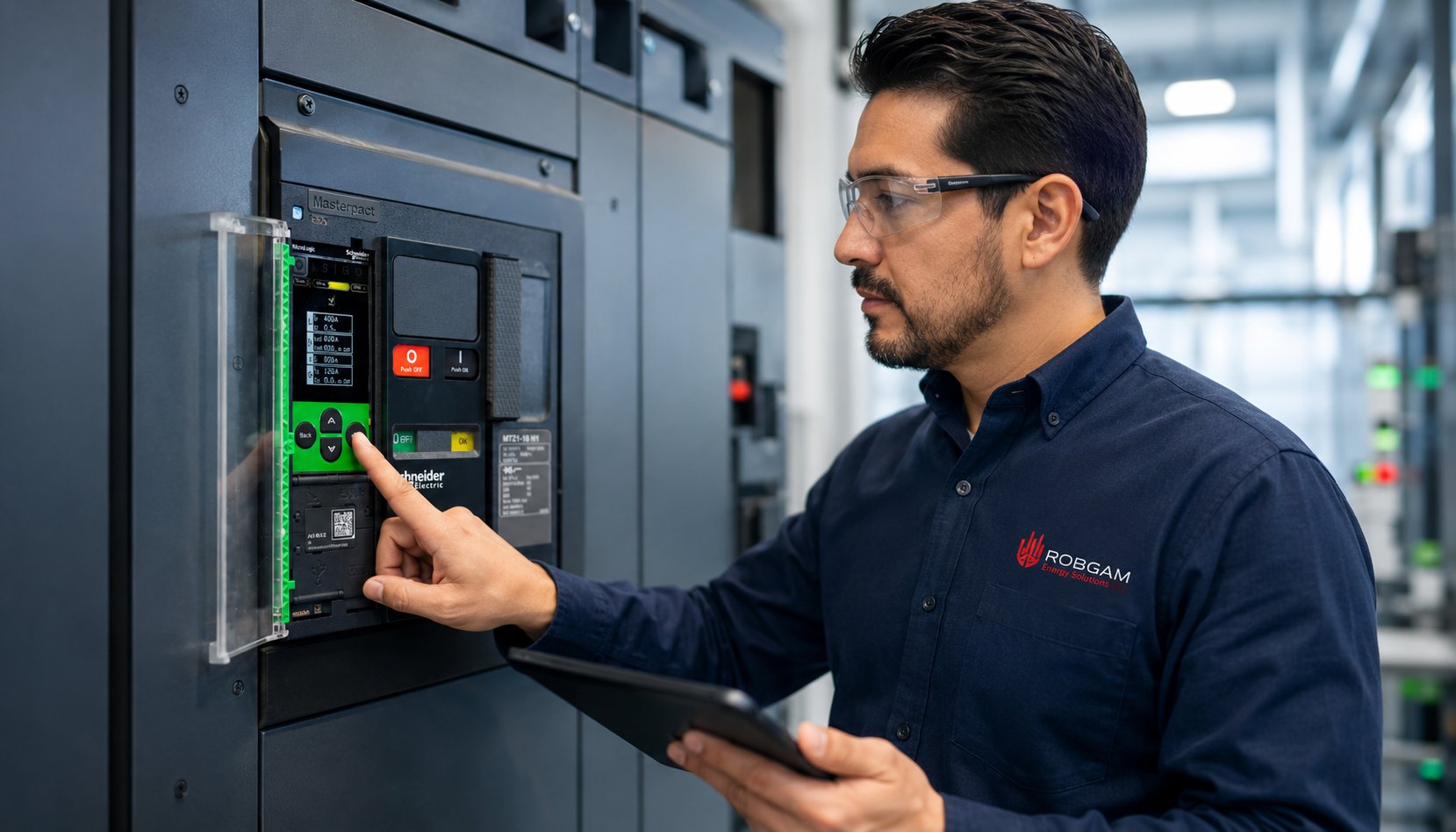 Ingeniero ROBGAM Energy Solutions operando tablero MasterPact MTZ de Schneider Electric — integración EcoXpert
