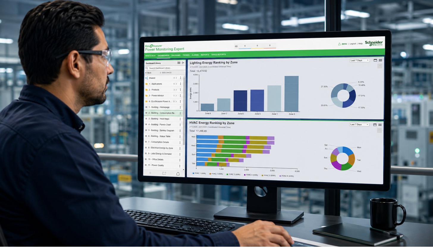Técnico ROBGAM revisando dashboard EcoStruxure Power Monitoring Expert — monitoreo energético industrial en tiempo real