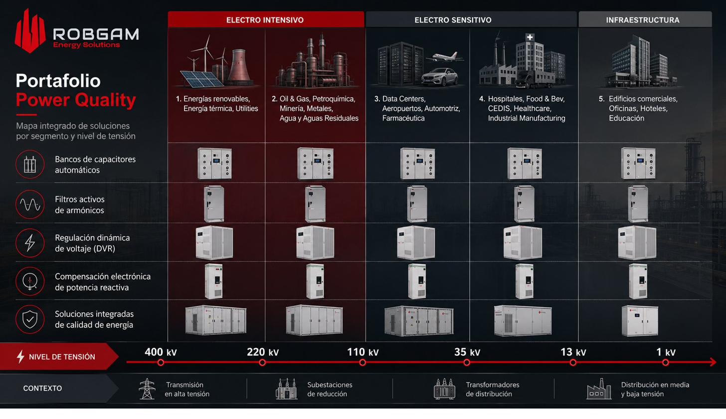 Portafolio Power Quality ROBGAM Energy Solutions — capacidades por segmento industrial y nivel de tensión