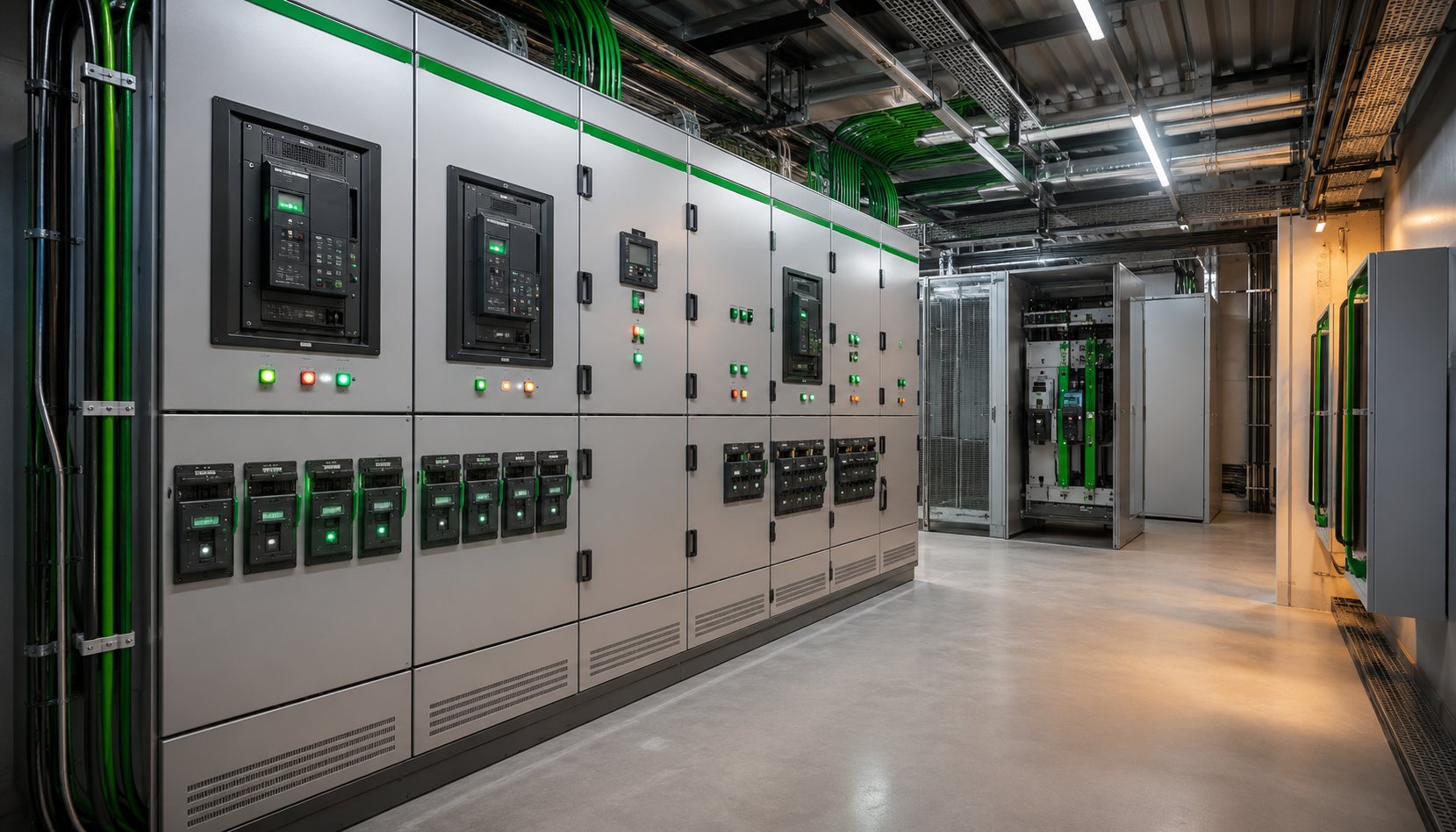 Cuarto eléctrico industrial con tableros Schneider Electric — infraestructura energética de alta tensión