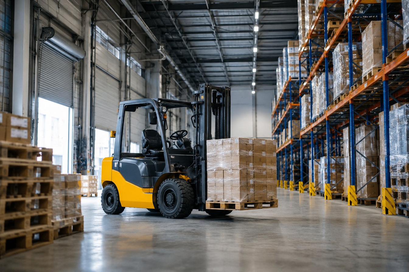 Almacén industrial con automatización robótica de tarimas