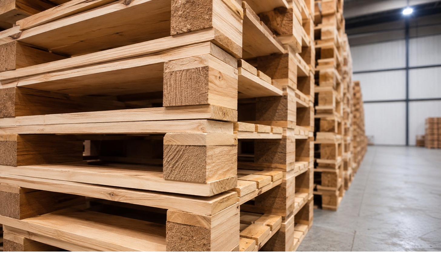 Tarimas de madera apiladas en bodega industrial certificada